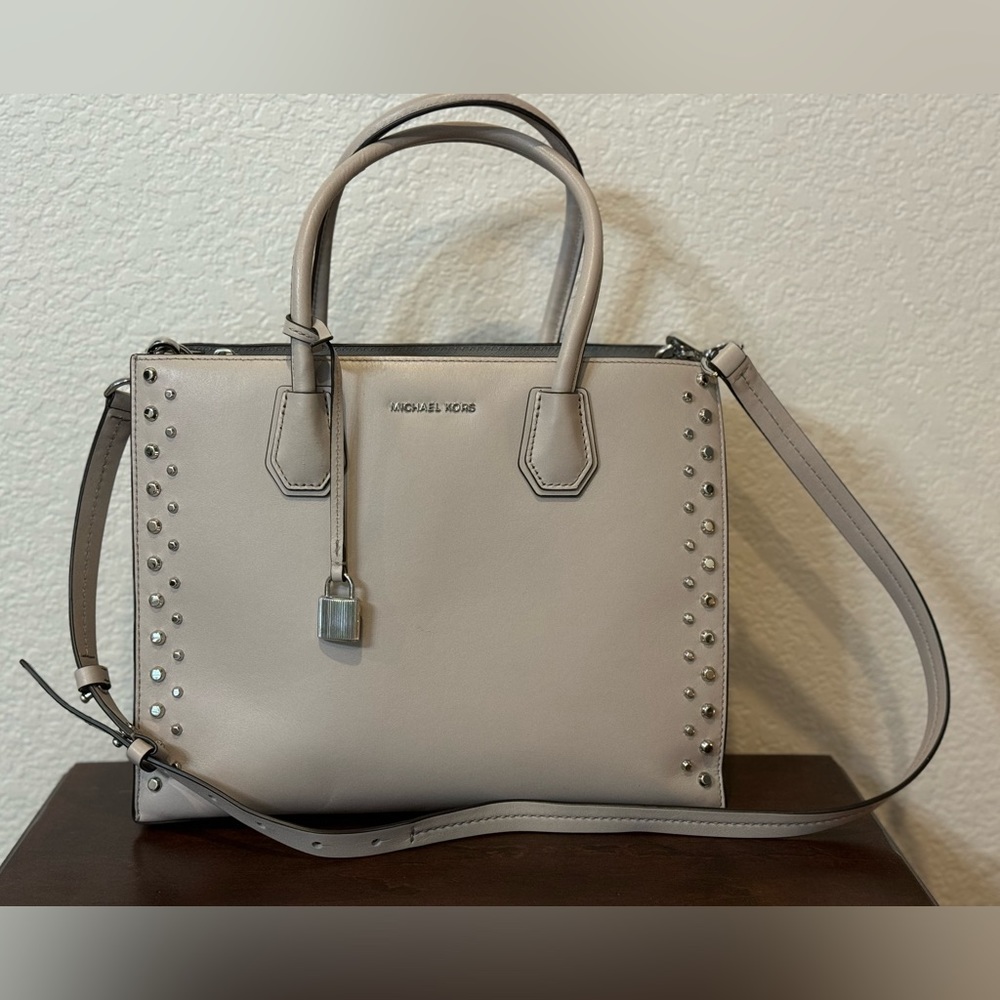 MICHAEL KORS Gray Leather Studded Handbag with Removable Shoulder Strap